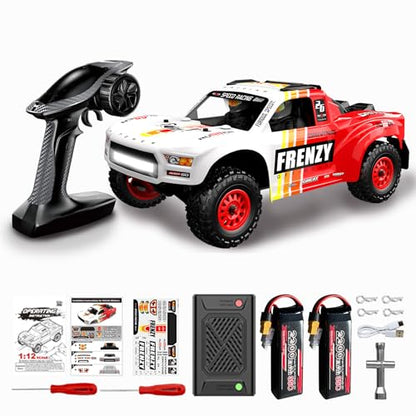 1:12 4WD Brushless RC Truck for Adults, 4x4 Offroad Waterproof Monster Trucks, Electric Powered High Speed Remote Control Cars, Fast Extreme All Terrain RC Truggy with Double 3S Battery - style: Racing Flame