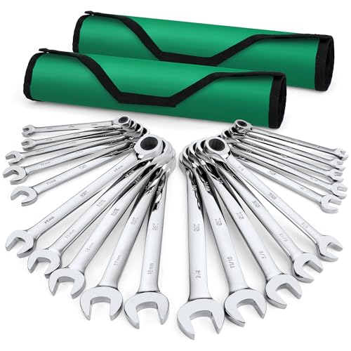 SK Ratchet Wrenches Set, SAE 1/4" to 3/4", Metric 6-18mm, 20-Piece | Ratcheting Wrench Set, Combination Wrench Set, 72-Tooth, Premium CR-V Steel, Chrome Plating Surface, Roll-Up Pouch - size: 20-Piece, SAE 1/4" to 3/4", Metric 6 to 18mm