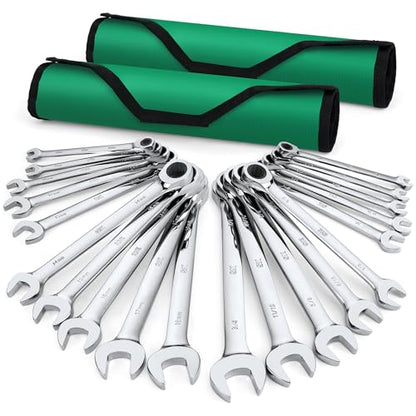 SK Ratchet Wrenches Set, SAE 1/4" to 3/4", Metric 6-18mm, 20-Piece | Ratcheting Wrench Set, Combination Wrench Set, 72-Tooth, Premium CR-V Steel, Chrome Plating Surface, Roll-Up Pouch - size: 20-Piece, SAE 1/4" to 3/4", Metric 6 to 18mm