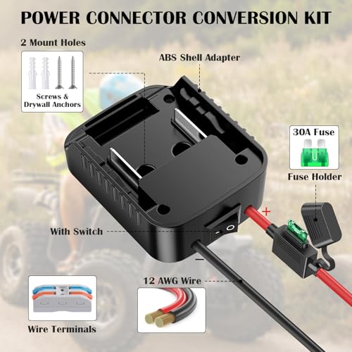 2 Packs Adapters Compatible with Makita 18V Battery for Power Wheel Battery Adapter, Power Tool, DIY RC Toy Car, Power Connector Conversion Kit with Switch & Fuse, 12AWG Wire, Wire Terminal