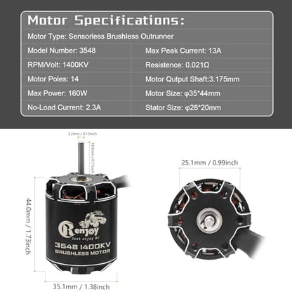 3548 1400KV Brushless Outrunner Motor with AM32 80A Brushless ESC Electric Speed Controller for 1/10 Remote Control Crawler Upgrade - size: 1400KV, w/o Programming Card