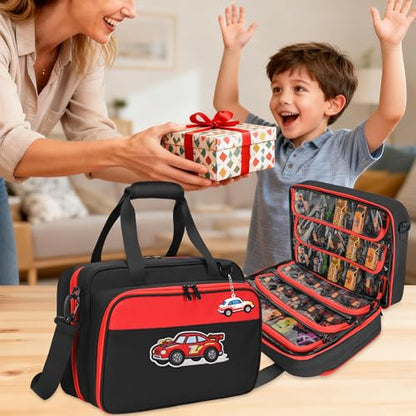 Monster Truck Case for Monster Jam 1:64 Scale, Holds 34 Cars | Storage Bag with 6 Clear TPU Zipper Pockets, Front Pocket, D-Ring, Top Handles and Detachable Shoulder Strap, Black