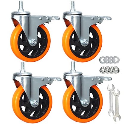 Heavy Duty Swivel Wheels, 3 Inch Yellow PVC Casters with Metric Stem M12-1.75x25mm Double Brakes Castors Safety Wheels up to 1200 Lbs/Set for Industry and Furniture Set of 4 - style: 5 Inch with Brake