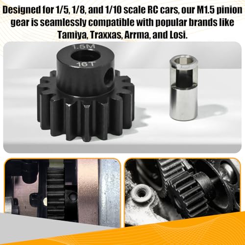 M1.5 16T Pinion Gear 8mm Bore with 8mm to 5mm Shaft Adapter Sleeve, Chromium Steel Motor Gear with Set Screw & Hex Key for Traxxas ARRMA Losi 1/5 1/8 RC Cars - size: 16T