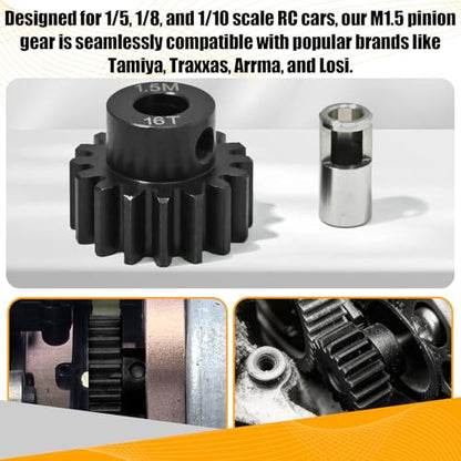M1.5 16T Pinion Gear 8mm Bore with 8mm to 5mm Shaft Adapter Sleeve, Chromium Steel Motor Gear with Set Screw & Hex Key for Traxxas ARRMA Losi 1/5 1/8 RC Cars - size: 16T