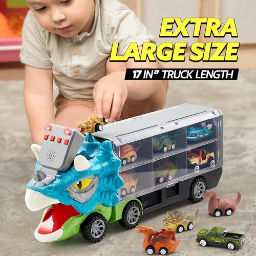 JOYIN 13 in 1 Dinosaur Toys for Kids 3-5, Triceraptor Dinosaur Truck with 12 Pull Back Cars, Birthday Gifts Toys for 3 4 5+ Year Old Boy, Transport Carrier Truck for Toddlers 3-4 Years - style: Triceratops Truck