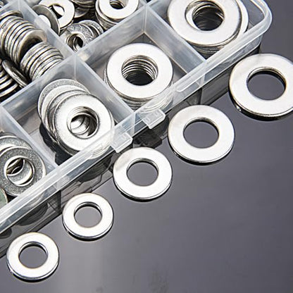 Linkup 550 Pcs SAE Flat washers for Screws for Bolts 2# 4# 6# 8# 10# 12# 3/16'' 1/4'' 5/16'' 3/8'' 7/16'' 1/2'',(18-8) 304 Stainless Steel washers Assortment kit, ANSI/ASME B18.22.1 Metal Washers Set - size: SAE 550pcs set