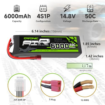 OVONIC 4s Lipo Battery 50C 6000mAh 14.8V Lipo Battery with Dean-Style T Connector for RC Airplane Helicopter Quadcopter RC Car Truck Boat