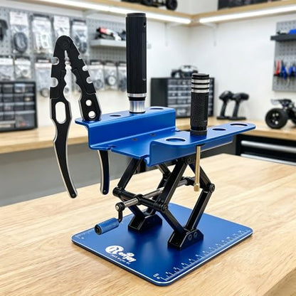 RC Stand Lift Lower with 3-Slot Screw Tray for 1/8 1/10 1/12 Scale, Blue | Aluminum RC Car Work Stand Repair Tool Set for RC Cars Crawler Truck Traxxas TRX4 Axial SCX10 Upgrade - color: Blue, With 3-slot Screw Tray