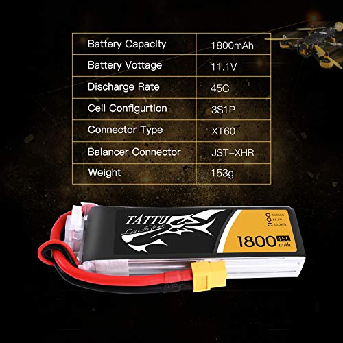 TATTU 11.1V 1800mAh 3S 45C LiPo Battery Pack with XT60 Plug for Skylark M4-FPV250 Mini Shredder 200 INDY250 Plus MOJO 280 QAV250 Vortex Emax Nighthawk 250 RC Heli Airplane UAV Drone FPV