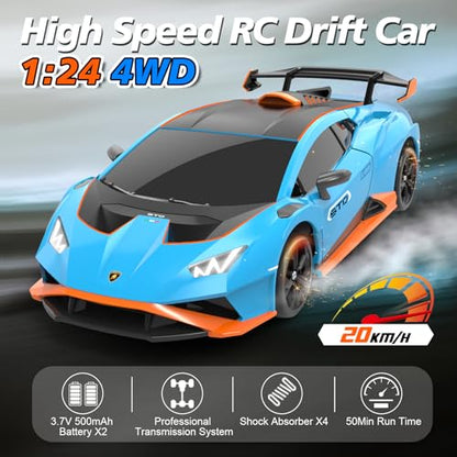 YONCHER RC Drift Car, Remote Control Car for Kids Lamborghini Officially Licensed, 1:24 20KM/H 4WD RC Cars with Lights, Fast Racing Toy Car for Boys Girls, Blue - color: Sto Blue