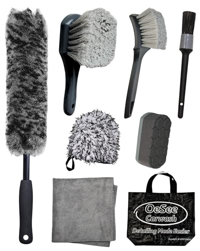 8PCS Pro Wheel Cleaning Kit - Synthetic Wool Brushes, Detailing Brush, Tire Brush, Wash Mitt, Drying Towel & Carry on Bag - Scratch-Free Rim Cleaning Kit - color: Grey & Black