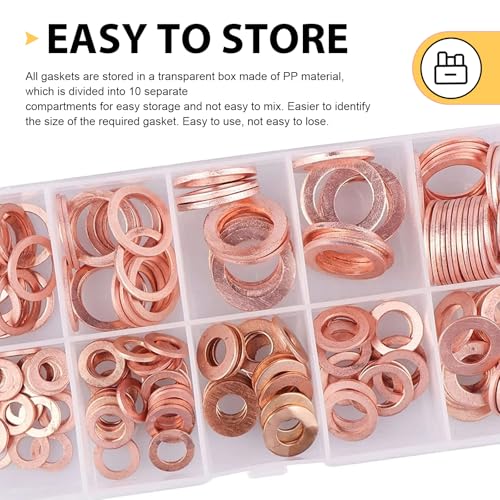 200 PCS Assorted Sizes Copper Washer Kit, Solid Metric Crush Washers for Oil Drain Plug & Banjo Bolt Seal, Universal Gasket Set for Cars, Trucks, Motorcycles, ATVs