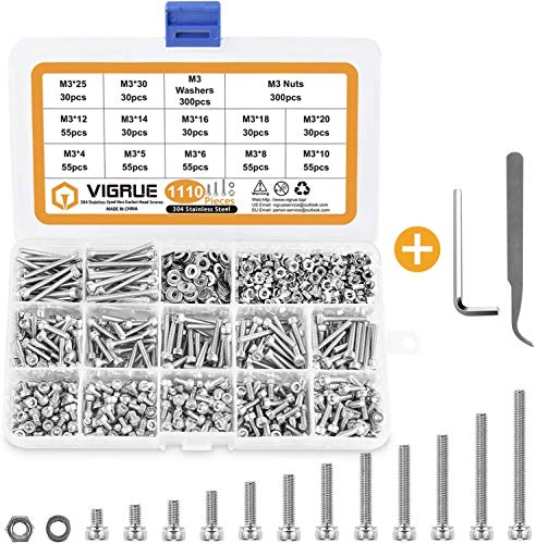 VIGRUE 1110PCS M3 Hex Socket Head Cap Screws Nuts Kit, M3 x 4/5/6/8/10/12/14/16/18/20/25/30mm Stainless Steel Screws Assortment Set W/Allen Wrench and Tip Curved Tweezer - size: M3 Socket silver