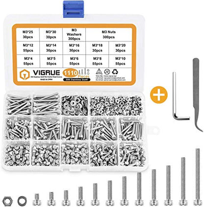 VIGRUE 1110PCS M3 Hex Socket Head Cap Screws Nuts Kit, M3 x 4/5/6/8/10/12/14/16/18/20/25/30mm Stainless Steel Screws Assortment Set W/Allen Wrench and Tip Curved Tweezer - size: M3 Socket silver