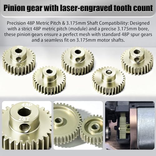 5Pcs 48P Aluminum Alloy Pinion Gear Set 3.175mm 28T 29T 30T 31T 32T Motor Pinion Gear W/ M4 Screw and Hex Key, Fit 3.175mm (1/8-Inch) Shaft, for Arrma HPI Kyosho Losi Axial Traxxas Tamiya 1/10 RC Car - size: 48P-P-3.175mm-28-32T