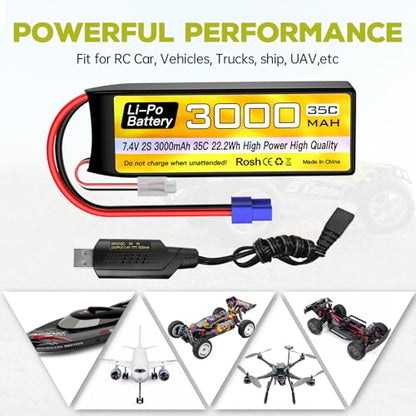 sea jump 2S Lipo Battery 7.4V 3000mAh 35C with EC3 Plug and USB Charging Cable Suitable for RC Car Truck Boat, RC Quadcopter Aircraft, FPV Drone Battery