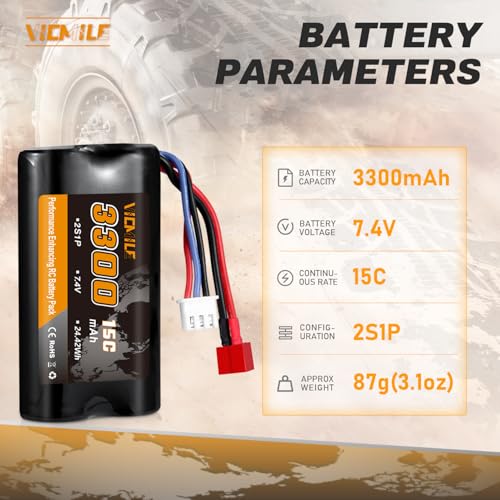 7.4V Li-ion Battery 3300mAh High Capacity RC Battery with Dean-Style T Plug 2S Rechargeable with 1 to 2 USB Charger Fit for WLtoys 4WD High Speed RC Cars Most 1/10, 1/12, 1/16 Truck