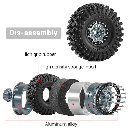 1.9" Beadlock 12mm Hex Wheels and Tires 124mm (4.9in) for TRX4 SCX10 1/10 RC Crawler Upgrade Parts (Titanium, 4pcs) - color: Titanium