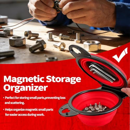 Magnetic Trays, Magnetic Bowl for Screws, Magnetic Tool Tray (red2.0) | Collapsible Magnetic Tool Tray, Integrated 5.1" Round Dual Silicone Bowls, Upgraded Version, Bonus Hook for On-the-Go Carry - style: red2.0