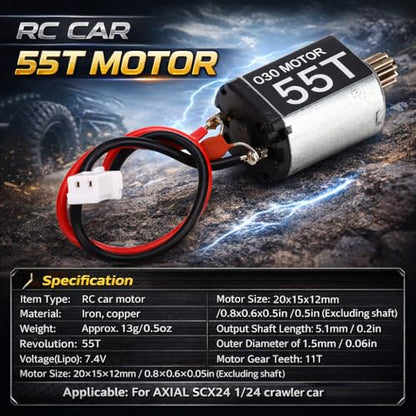 RC Car Motor, Metal Brush Motor Low Noise Lightweight 030 55T Brushed Motor with 11T Gear Compattible with SCX24 1/24