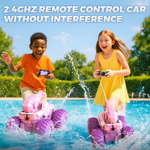 BEZGAR Amphibious Remote Control Car - Pink Monster Truck for Girls | 1:16 Scale RC Boats 2.4GHz Waterproof with Shooting Water Pistol, 4WD All-terrian Off-Road Pickup Outdoor, Girls Kids Gifts - color: Pink