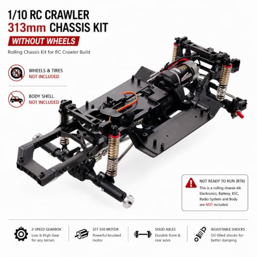 1/10 RC Crawler 313mm Chassis Kit, DIY Rolling Frame Assembly with 2-Speed Gearbox, 35T 550 Motor, Axles and Links for RC Crawler Build (Without Wheels)
