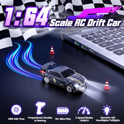 Mini RC Car 1:64 Scale, Remote Control Desktop Car for Adults & Kids | 2.4GHz RC Drift Car with LED Lights & 2 Speeds, Includes 4 Obstacles & Track Mat, Hobby Gift for Boys, Black - color: Black