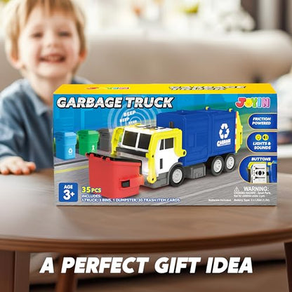 JOYIN Large Friction Powered Garbage Truck Toy Set, Includes 1 Dumpster, 3 Trash Bins, and 30 Learning Cards for Kids, Blue - color: Blue