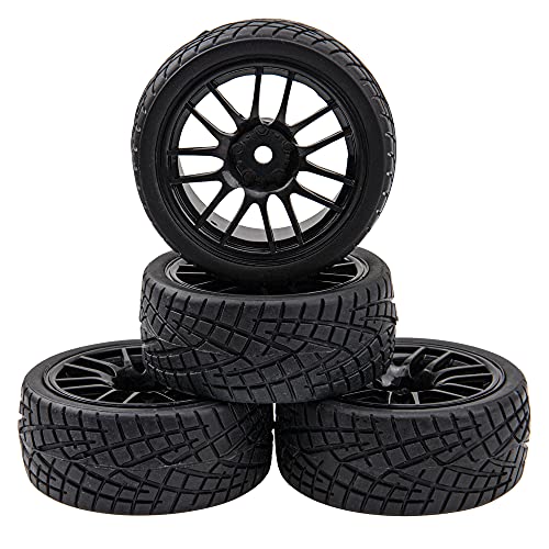 12-Spoke 12mm Hex Hub Wheel Rims & Rubber Tires Compatible with HSP Tamiya HPI Kyosho 1/10 On Road Touring Car WLtoys 1/14 144001 Traxxas 1/16 Slash RC 1/18 A959B Buggy (Black)