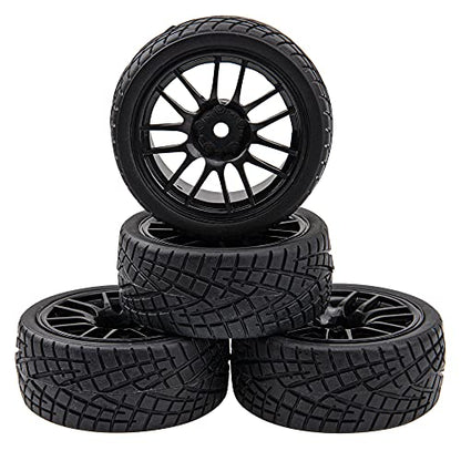 12-Spoke 12mm Hex Hub Wheel Rims & Rubber Tires Compatible with HSP Tamiya HPI Kyosho 1/10 On Road Touring Car WLtoys 1/14 144001 Traxxas 1/16 Slash RC 1/18 A959B Buggy (Black)