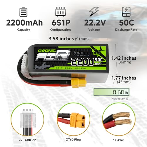 OVONIC 6S Lipo Battery 22.2V 2200mAh 50C Battery with XT60 Connector for RC Airplane Helicopter RC Car Truck Tank Drone Racing Hobby(2 Pack)