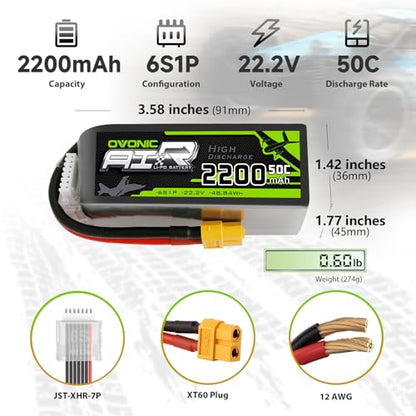 OVONIC 6S Lipo Battery 22.2V 2200mAh 50C Battery with XT60 Connector for RC Airplane Helicopter RC Car Truck Tank Drone Racing Hobby(2 Pack)