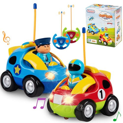 PREXTEX 2 Pack Cartoon Remote Control Cars for Toddlers - Police Car and Race Car with Steering Wheel Controllers and Lights - Different Frequencies Racing Together - Easter Toddler Gift 18+ Months. - style: Police/Race Car