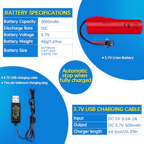2PCS 3.7V 3000mAh Li-ion Battery with SM-2P Plug and USB Charging Cable for DE42 DE44 DE45 DE68 RC Car,Drifting Car Truck Toy Off-Road Racing Car Battery