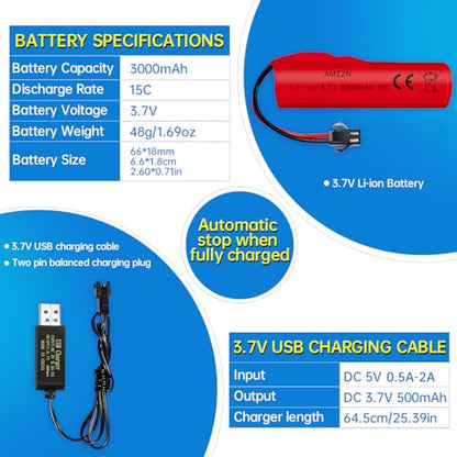 2PCS 3.7V 3000mAh Li-ion Battery with SM-2P Plug and USB Charging Cable for DE42 DE44 DE45 DE68 RC Car,Drifting Car Truck Toy Off-Road Racing Car Battery
