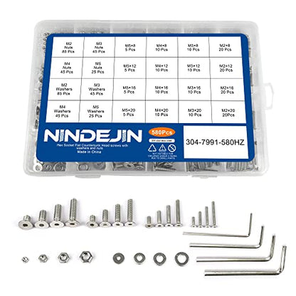 NINDEJIN 580 PCS Hex Socket Flat Head Cap Screws Kit, Metric M2 M3 M4 M5 304 Stainless Steel Screw Bolts and Nuts and Washers Assortment Set with Hex Wrenches, Machine Screw Assorted Fasteners - size: 580 Hex Flat Head Socket Screws Nuts