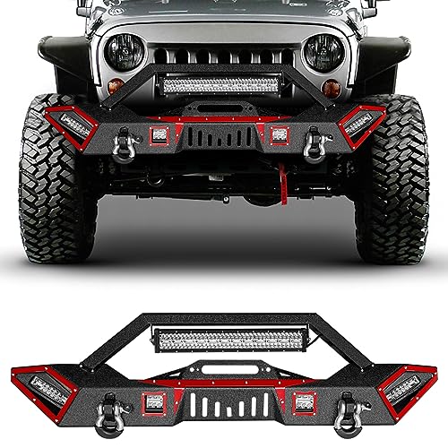 Steel JK Front Bumper with Winch plate is Applicable to 2007-2026 Wrangler JK/JL&2020-2021-2026 Gladiator JT, Black Textured Bumper with LED Light Bar & D-Rings - size: 2007-2026 JK/JL/JT Front Bumper with LED Lights