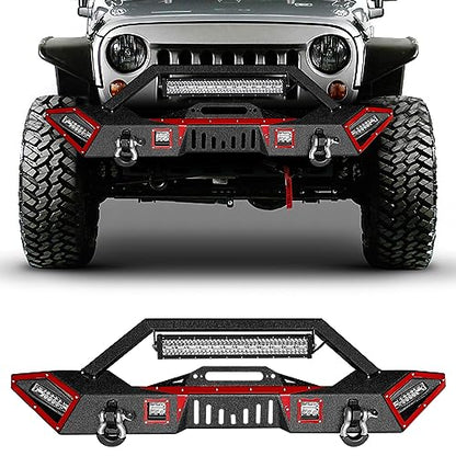 Steel JK Front Bumper with Winch plate is Applicable to 2007-2026 Wrangler JK/JL&2020-2021-2026 Gladiator JT, Black Textured Bumper with LED Light Bar & D-Rings - size: 2007-2026 JK/JL/JT Front Bumper with LED Lights