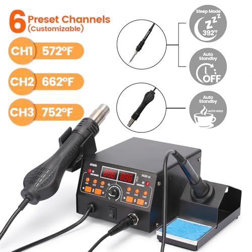902D III Hot Air Soldering Station 2-IN-1 Kit with 3 Preset Channels, Small Silicone Work Mat, 4 Soldering Tips, 2 Lead-free Solder, Solder Sucker, ESD-Safe Tweezers