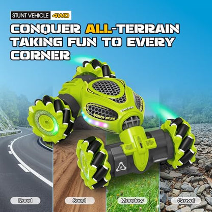 Gesture Sensing RC Stunt Car, Remote Control 2.4GHz 4WD Hand Controlled Car Toys for Boys and Girls Age 6-12, 360° Rotating Drift RC Cars with Lights and Music, Ideal Birthday and Christmas Xmas Gift - color: Green