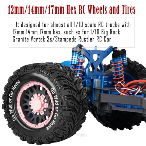 RC Truck Tires Wheel for 1/10 Big Rock Granite Vortek 3s / Stampede Rustler RC Car,4-Pack RC Wheels Tires Plastic Wheels w/12mm/14mm/17mm Replaceable Hex,Pink-Black - color: Pink-black- (Rc Tires Wheel)
