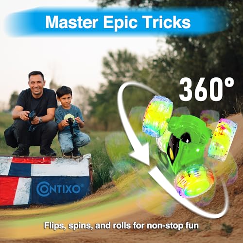 Contixo SC3A Toy Remote Control Car for Kids with Double-Sided 360° Rotating Stunt, 4WD Off-Road RC Cars with LED Lights, Birthday for Boys and Girls Ages 4 5 6 7 - Green - color: Green