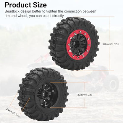 daitoku 1.3 Beadlock Wheels and Tires 1.3" RC Wheel Tires Set for 1/18 1/24 Trx4m SCX24 RC Crawler Car (4PCS) - Red - color: Red