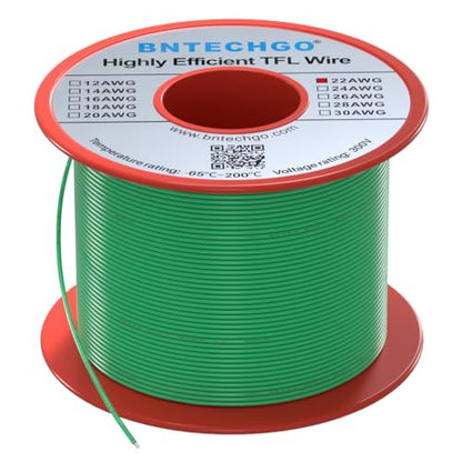 BNTECHGO 22AWG FEP Teflon Coated Wire Green 100ft Tin-Plated Copper | 22 Gauge Strands Wire High-Temp FEP Insulation, -65°C to 200°C Rated, Aerospace Wiring, Medical Wiring, Scientific Equipment - size: 100ft Green