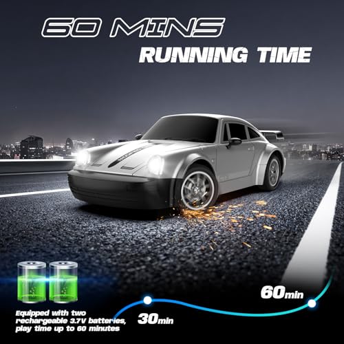 RC Drift Car 1:24 Scale, 4WD Remote Control Car with LED Lights 20KM/H High Speed, Dual-Mode Racing & Drifting Toy Car with 2 Batteries, Gift for Kids & Adults, Silver - color: Silver