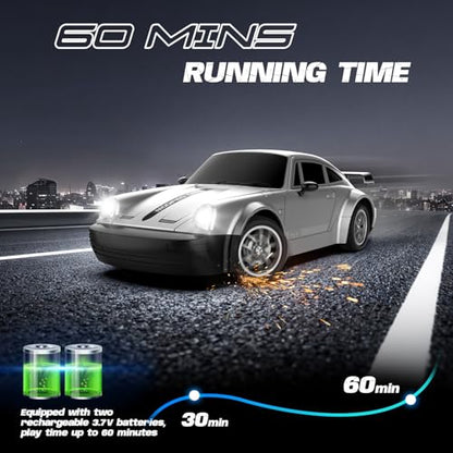 RC Drift Car 1:24 Scale, 4WD Remote Control Car with LED Lights 20KM/H High Speed, Dual-Mode Racing & Drifting Toy Car with 2 Batteries, Gift for Kids & Adults, Silver - color: Silver