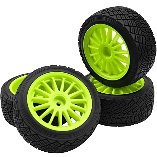 80mm/3.14" Rubber Tires & Plastic Wheel Rims 2.2 Inch 12mm Hex Hub Compatible with 1/10 HPI WR8 Off-Road Rally 1/14 WLtoys 124019 144001 1/16 Redcat Volcano RC Buggy (Green) - color: Green