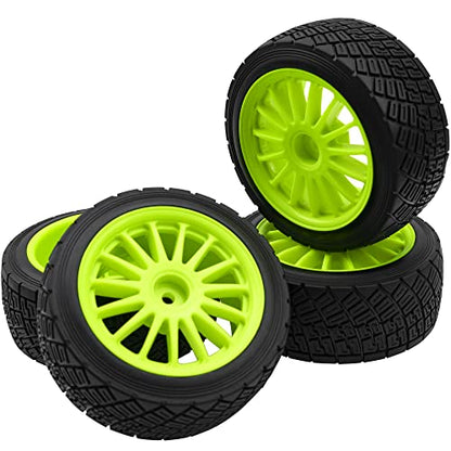 80mm/3.14" Rubber Tires & Plastic Wheel Rims 2.2 Inch 12mm Hex Hub Compatible with 1/10 HPI WR8 Off-Road Rally 1/14 WLtoys 124019 144001 1/16 Redcat Volcano RC Buggy (Green) - color: Green