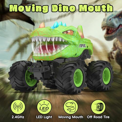 Dinosaur Remote Control Car, 2.4GHz Monster Truck Toys Rechargeable RC Cars 1:24 Scale RC Truck with LED Light Movable Mouth, Dinosaur Cars Toys for Kids Boys 6-8 8-12 Birthday Gift, Green - color: Green